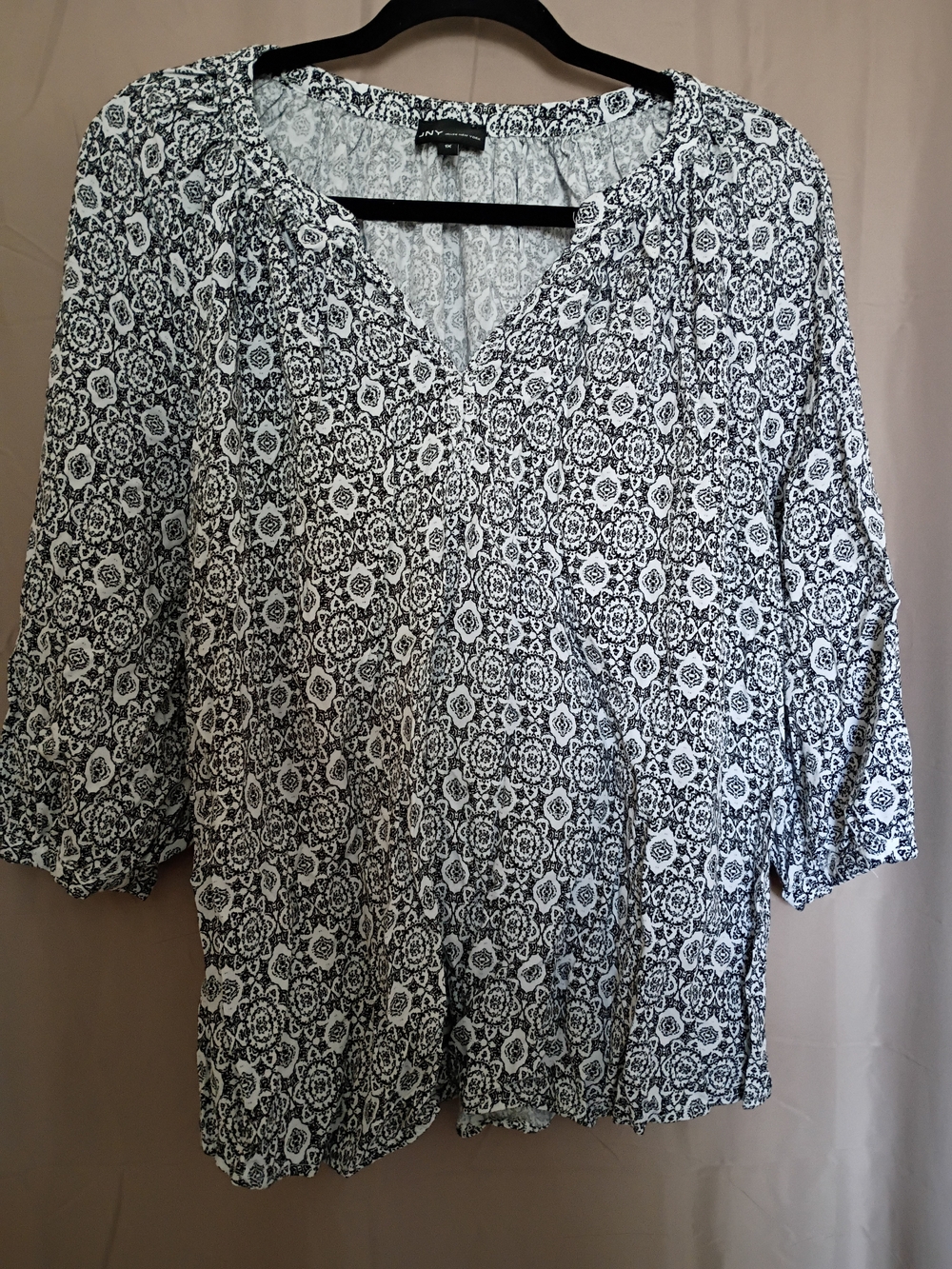 Jones New York Black and White Floral-Pattern Peasant Blouse